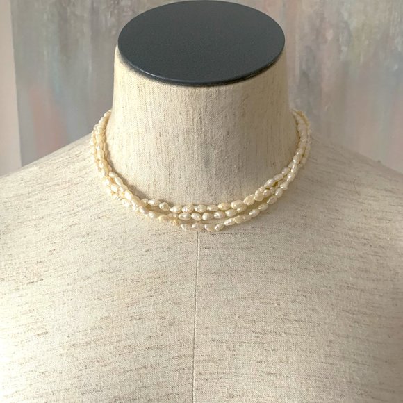 Vintage, 3 String Genuine Pearl Choker Necklace - Picture 1 of 9